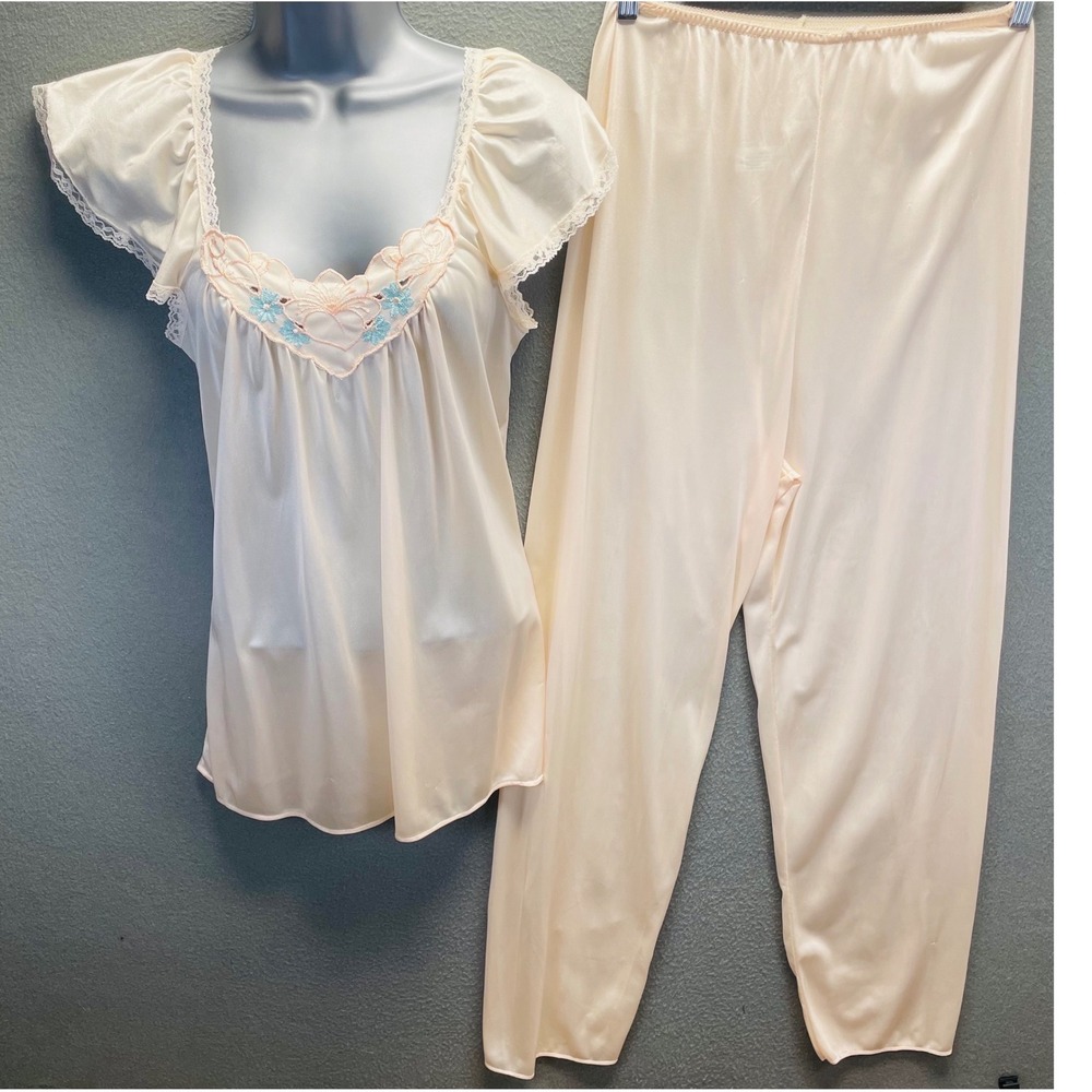 Vintage Mirage Nylon Tricot Pajama Set Lace Camisole Lounge‎ Pants Peach S